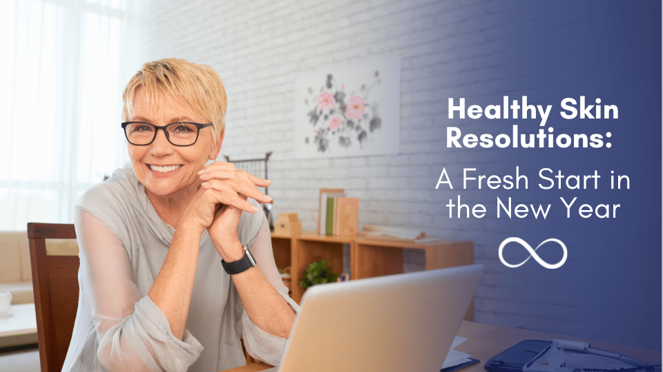 Woman at computer, healthy skin resolutions.